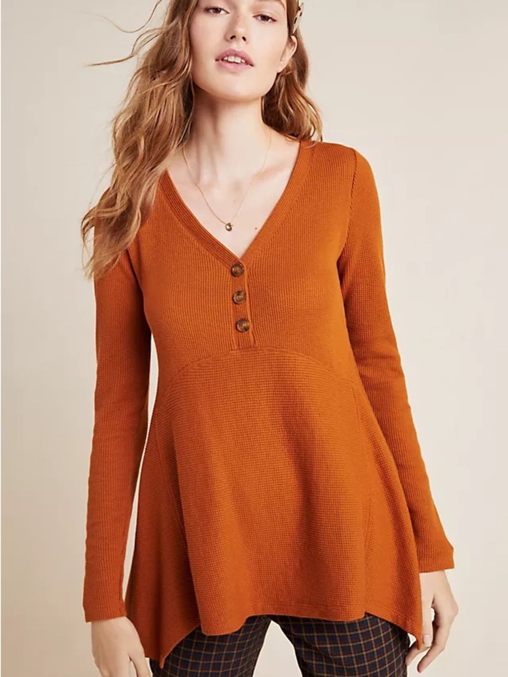 Women’s Long-Sleeve V-Neck Tunic Dress in Burnt Orange